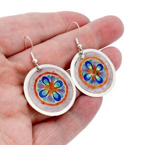 Vintage Sterling Silver 925 Colorful Enamel Round Dangle Earrings
